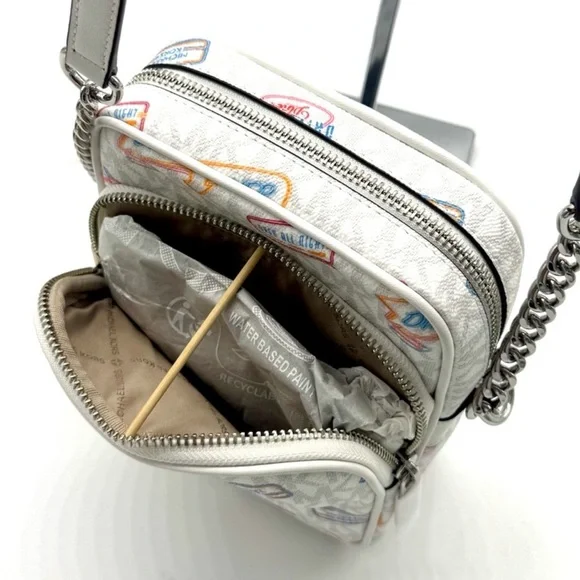Michael Kors Jet Set Medium Printed Signature Logo Crossbody Bag Optic White